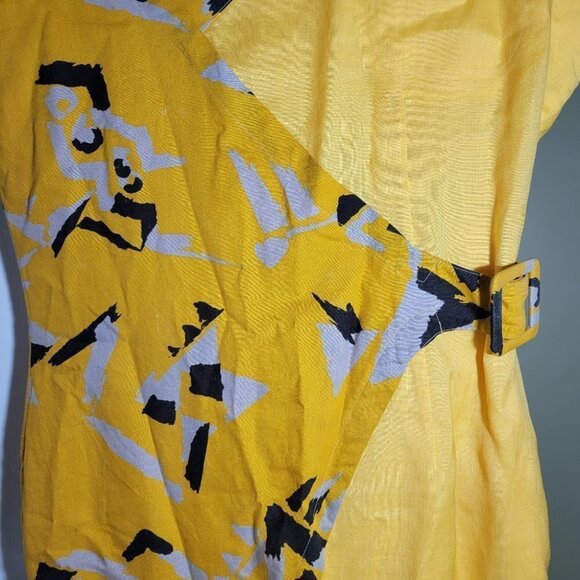 Vintage retro abstract midi dress yellow cotton linen blend size 36 small medium - Picture 3 of 12